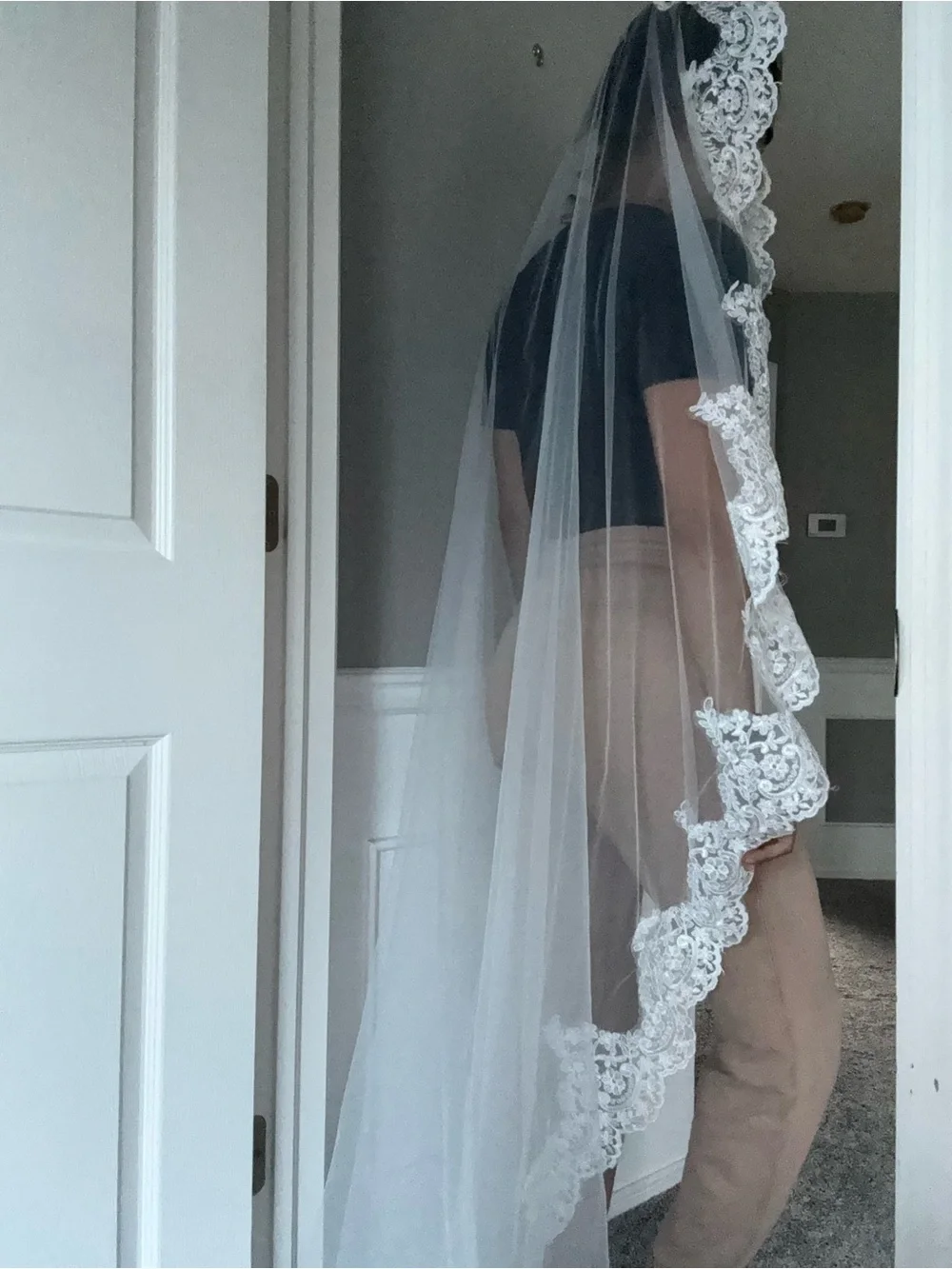 New worn White Lace-Edged Bridal Veil - Elegant Sheer Wedding mantilla Veil